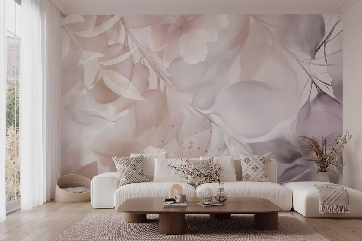 murales de pared Arte floral con flores, hojas y ramas en tonos beige y marrón apagados, colores pastel suaves y efecto texturizado acuarela w09397