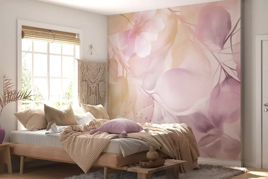 murales de pared Arte floral con flores, hojas y ramas en tonos amarillos y morados apagados, colores pastel suaves y efecto texturizado de acuarela w09397v2
