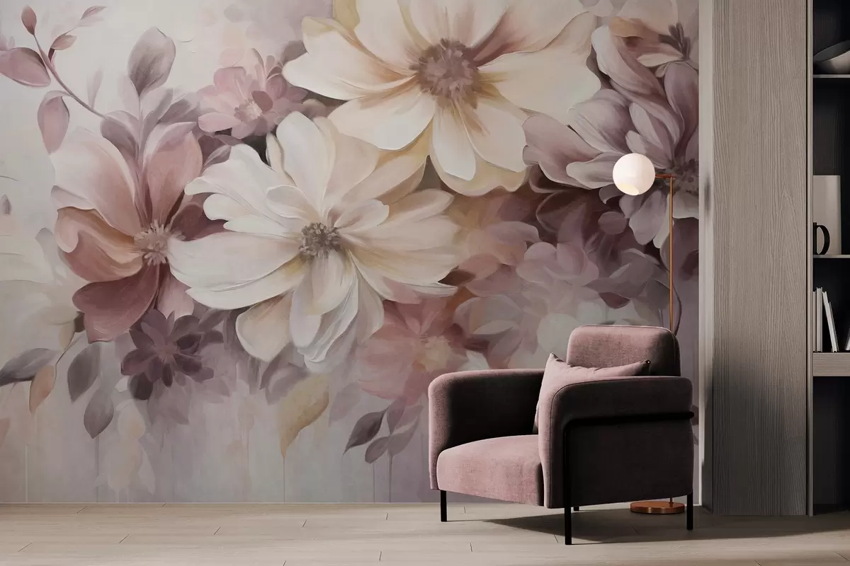 murales de pared Un arreglo floral con flores grandes de colores suaves y textura, en tonos burdeos, melocotón y blanco, con hojas delicadas w09398