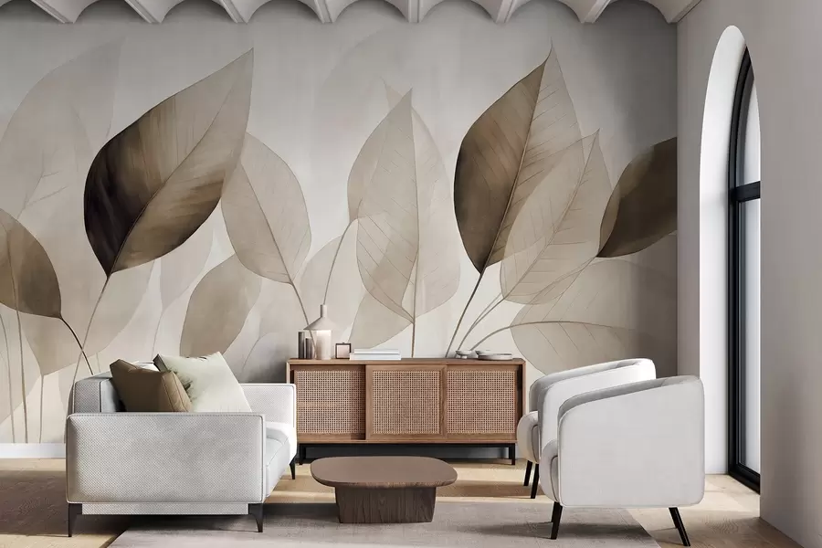 murales de pared Pintura texturizada imitación de hojas en tonos marrones y beige con delicadas venas y tallos w09400v1