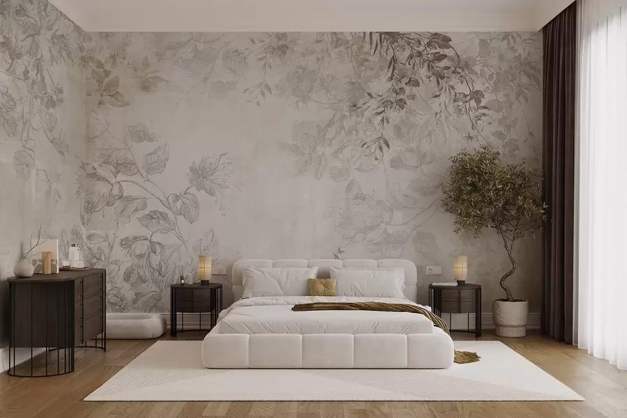 murales de pared Arte floral vintage con textura, ilustraciones de delicadas flores y hojas de jardín en estilo dibujo, suaves tonos pastel beige y sepia w09402