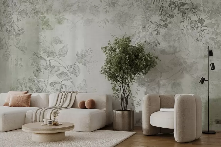 murales de pared Arte floral vintage con textura, ilustraciones de delicadas flores y hojas de jardín en estilo dibujo, tonos verdes suaves w09402v2