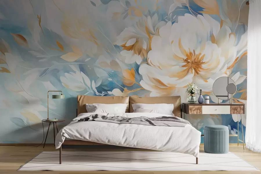 murales de pared Flor blanca texturizada con detalles azules y amarillos y hojas sobre un fondo abstracto azul y blanco, estilo pictórico w09403