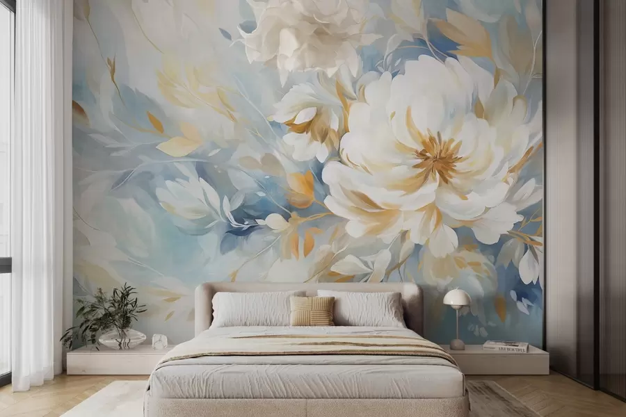 murales de pared Flor blanca texturizada con detalles azules y amarillos y hojas sobre un fondo abstracto azul y blanco, estilo pictórico w09403