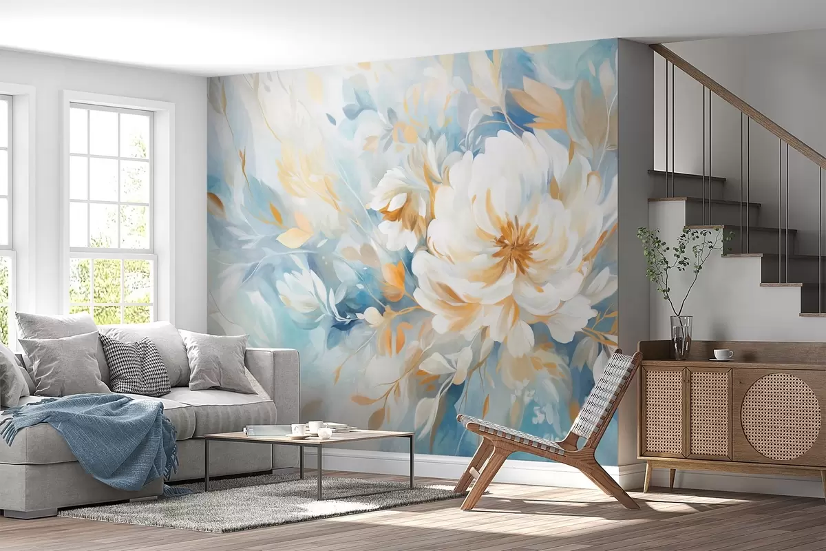 murales de pared Flor blanca texturizada con detalles azules y amarillos y hojas sobre un fondo abstracto azul y blanco, estilo pictórico w09403