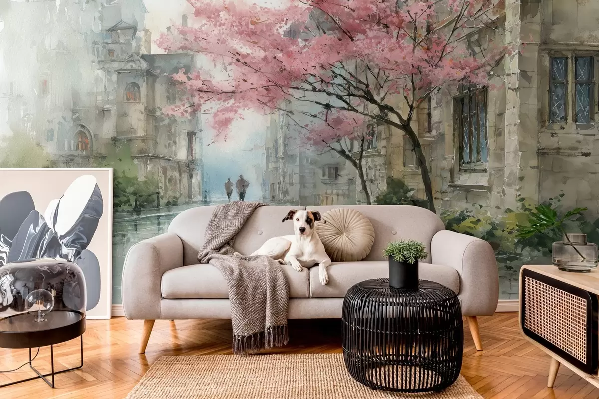 murales de pared paisaje urbano en estilo acuarela w04500