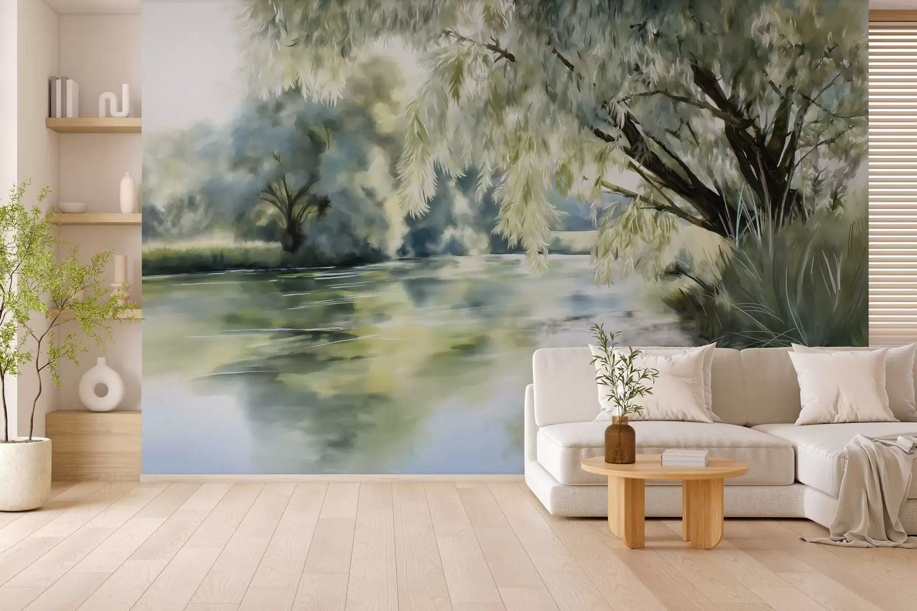murales de pared árbol de estilo acuarela sobre el lago w04501