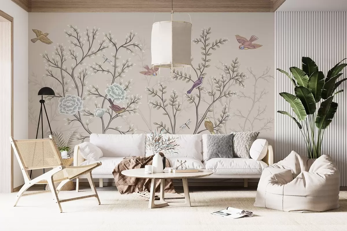 murales de pared Árboles con pájaros y flores w04605