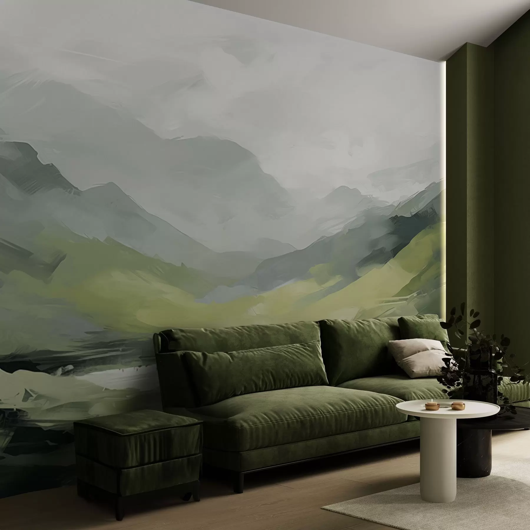 murales de pared Paisaje montañoso abstracto en tonos verdes w04447