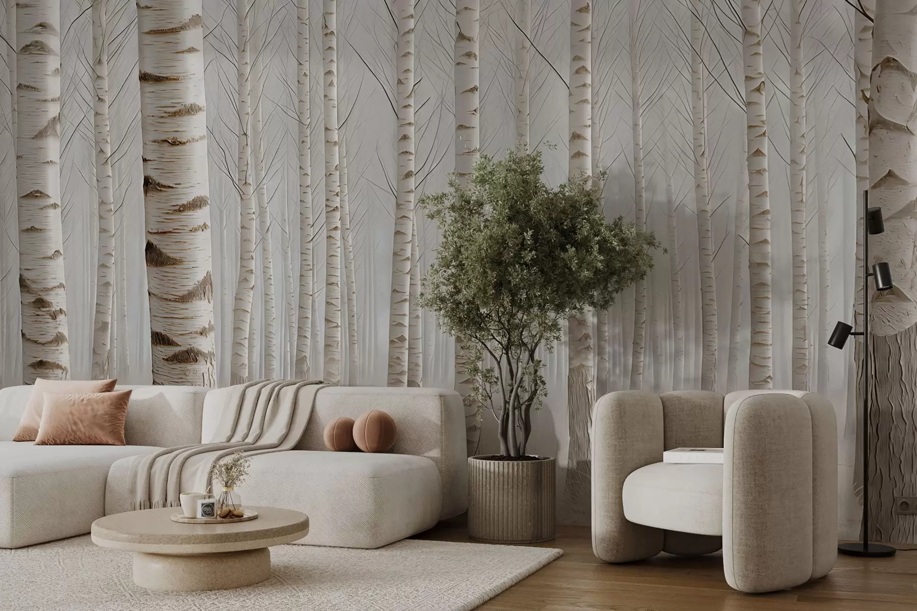 murales de pared Bosque de abedules en la niebla, minimalismo luminoso w04574