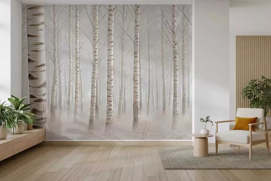 murales de pared Bosque de abedules en la niebla, minimalismo luminoso w04574