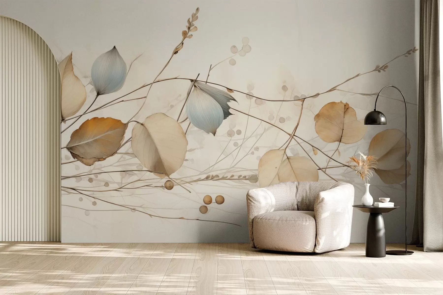 murales de pared Ramas delicadas con hojas en tonos beige w04579