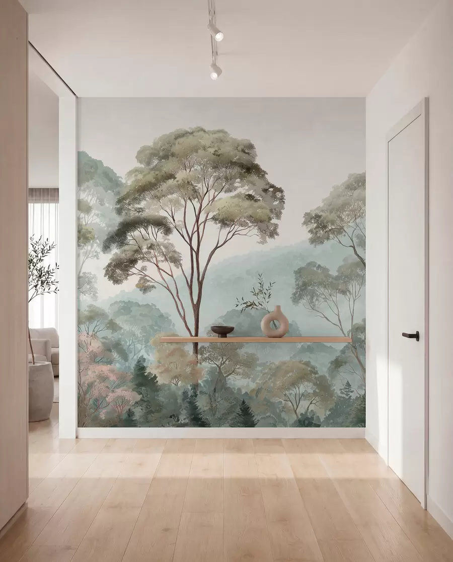 murales de pared Mañana brumosa en el bosque en estilo acuarela w09405