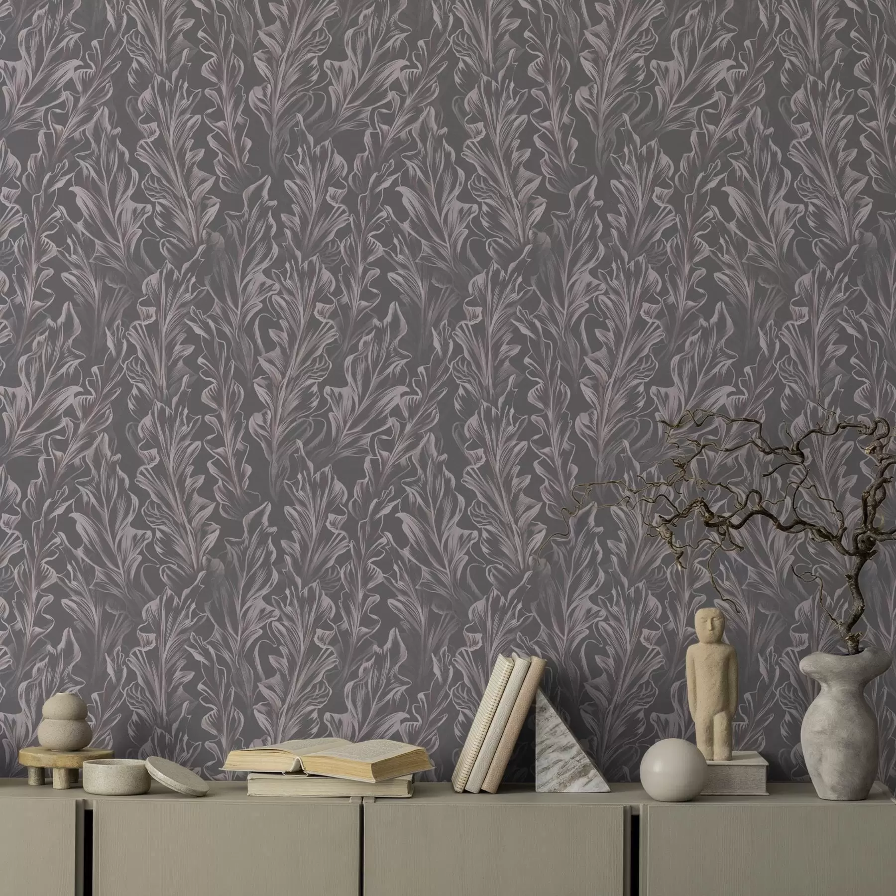 murales de pared Ondulaciones de hojas fluidas sobre fondo grafito, alto contraste a00495v1