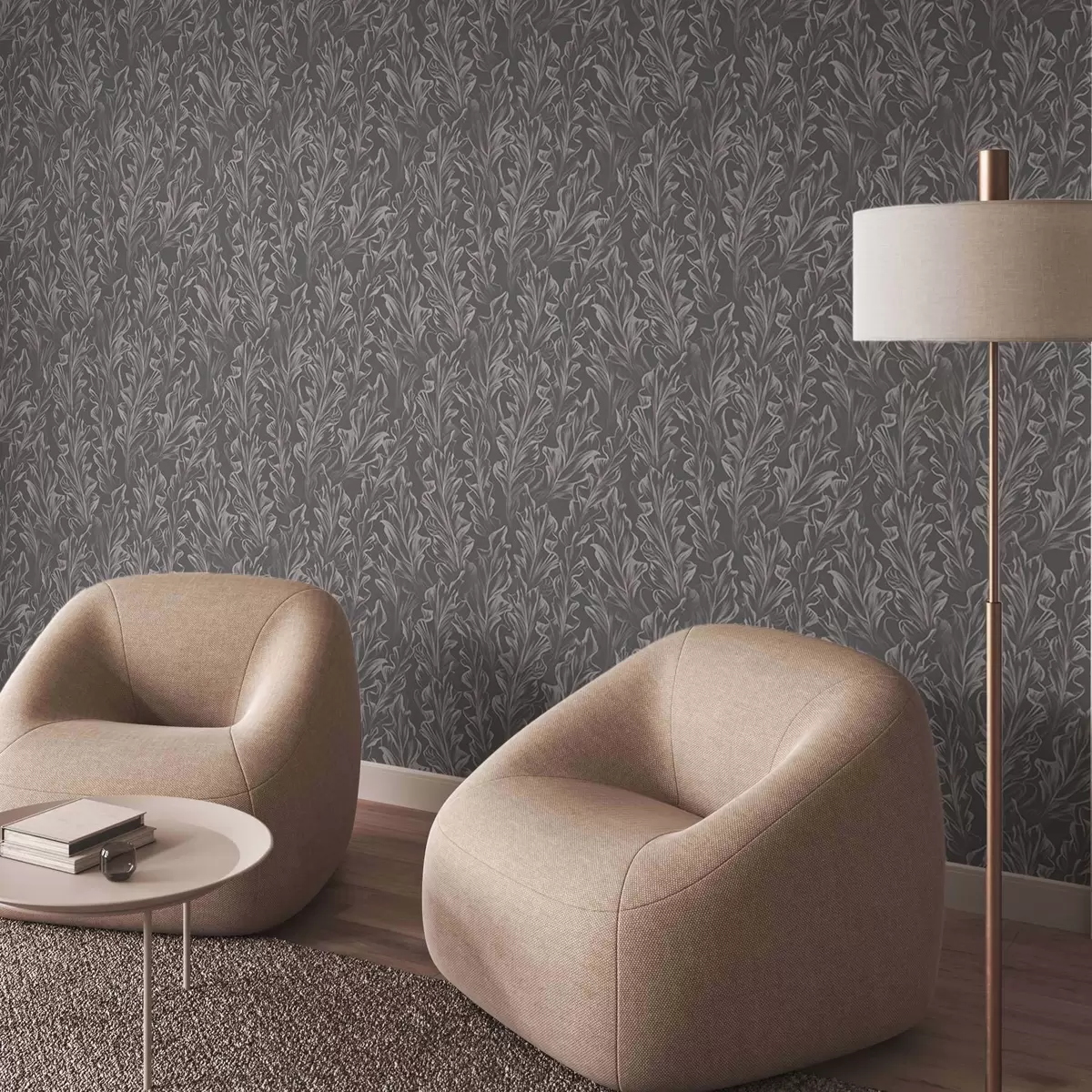 Papel pintado Ondulaciones de hojas fluidas sobre fondo grafito, alto contraste a00495v1 Papel pintado Ondulaciones de hojas fluidas sobre fondo grafito, alto contraste a00495v1