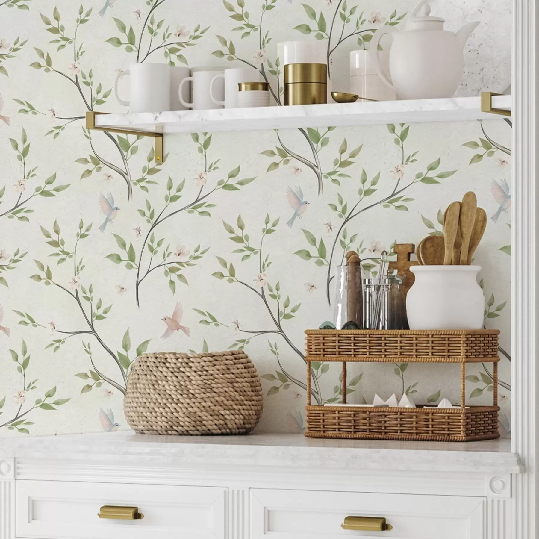 murales de pared Ramas acuareladas con hojas y pájaros sobre un fondo claro a00496