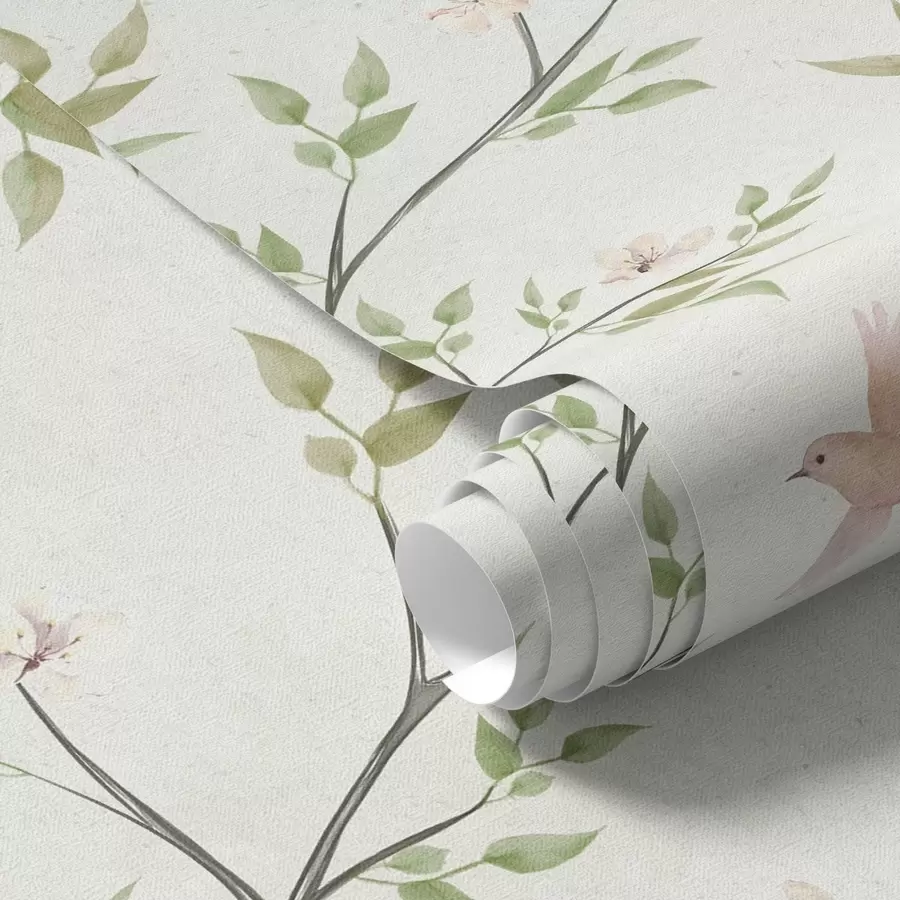 murales de pared Ramas acuareladas con hojas y pájaros sobre un fondo claro a00496