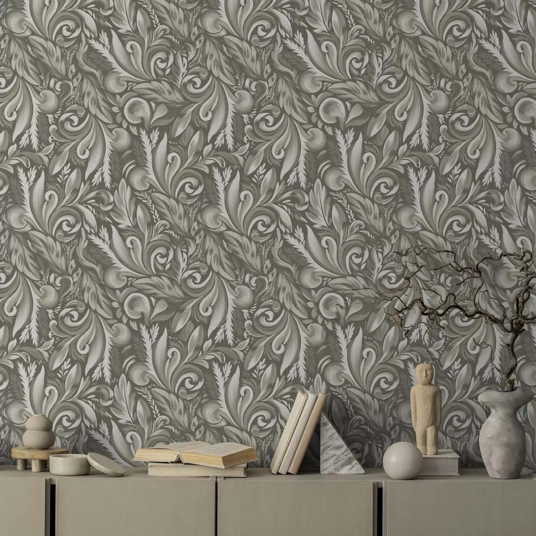 murales de pared Volutas de acanto en una paleta de colores beige oliva a00501