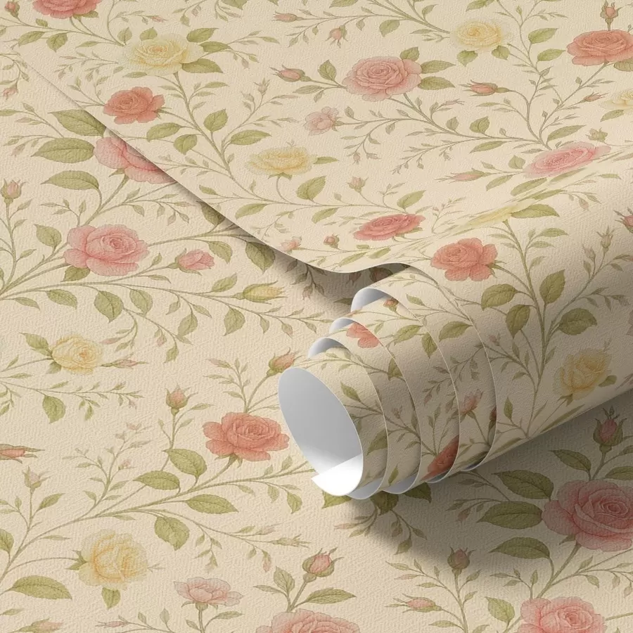 murales de pared Rosas vintage en tonos melocotón y amarillo sobre fondo crema a00577