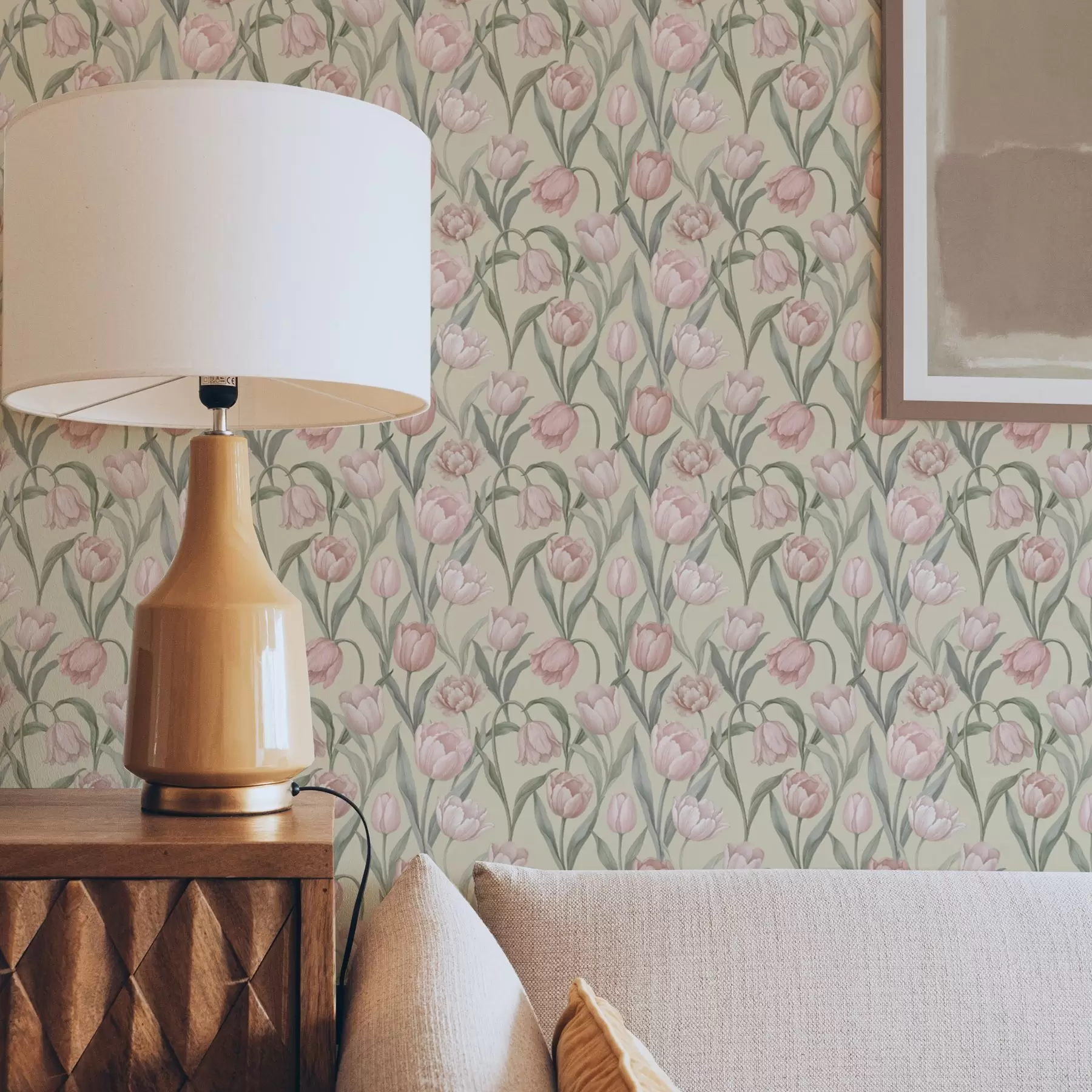 murales de pared Tulipanes rosa pálido sobre un suave fondo beige a00589
