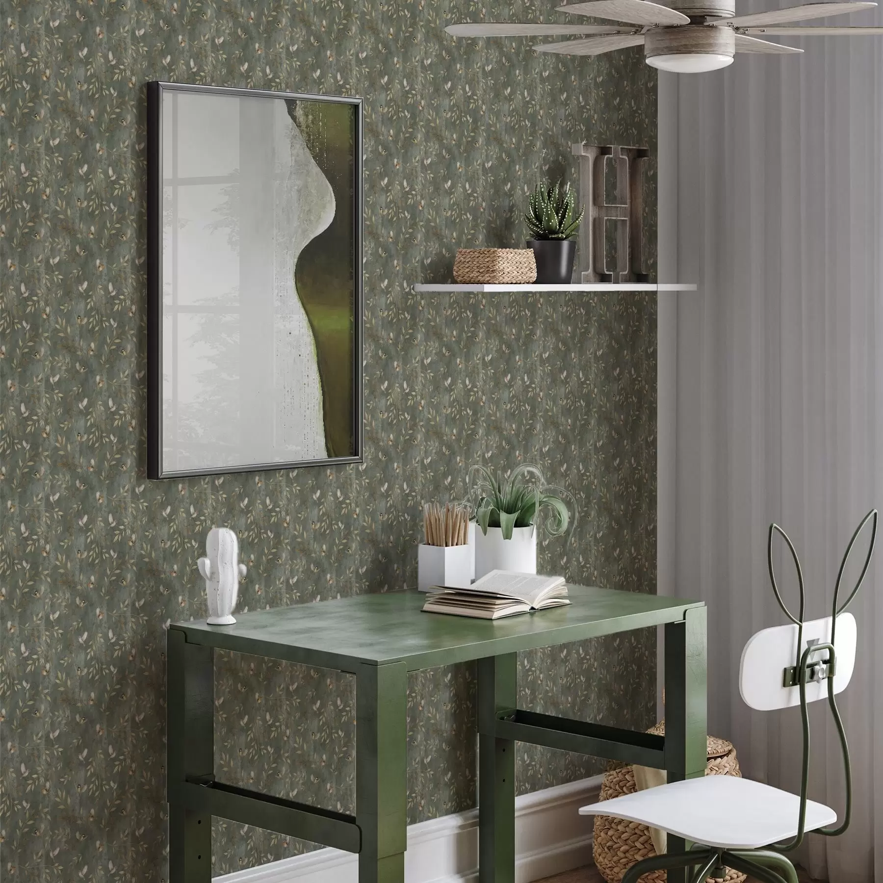 murales de pared Pájaros entre follaje naranja sobre un fondo verde intenso a00591