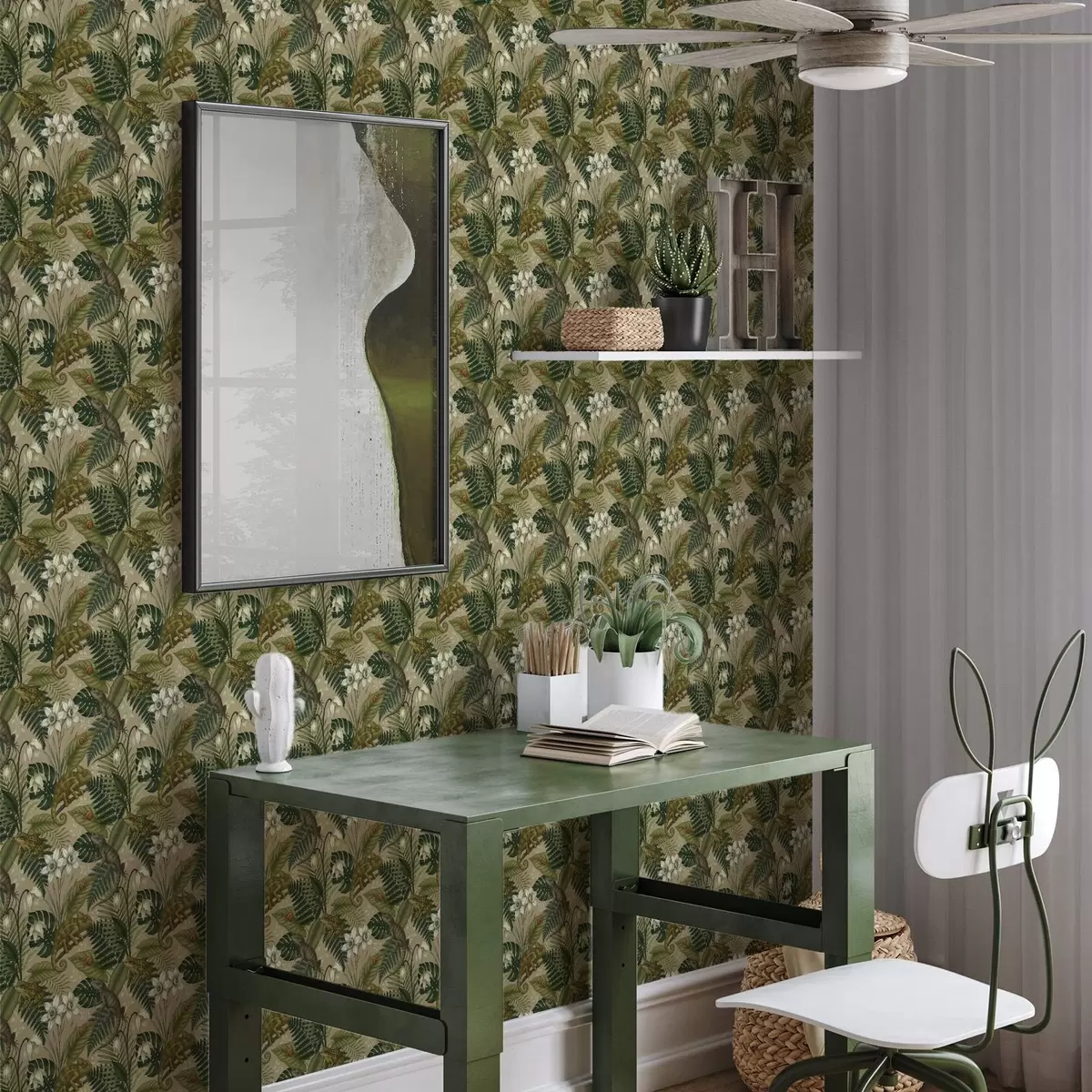 Papel pintado Camaleones y hojas tropicales, flores blancas, fondo beige a00608 Papel pintado Camaleones y hojas tropicales, flores blancas, fondo beige a00608