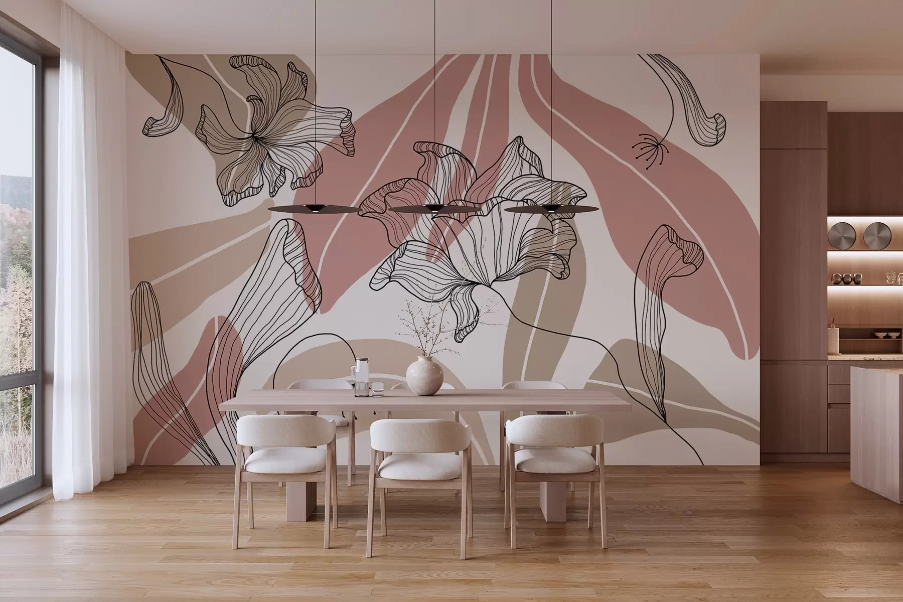 murales de pared hojas y flores abstractas en tonos empolvados y beige w04499
