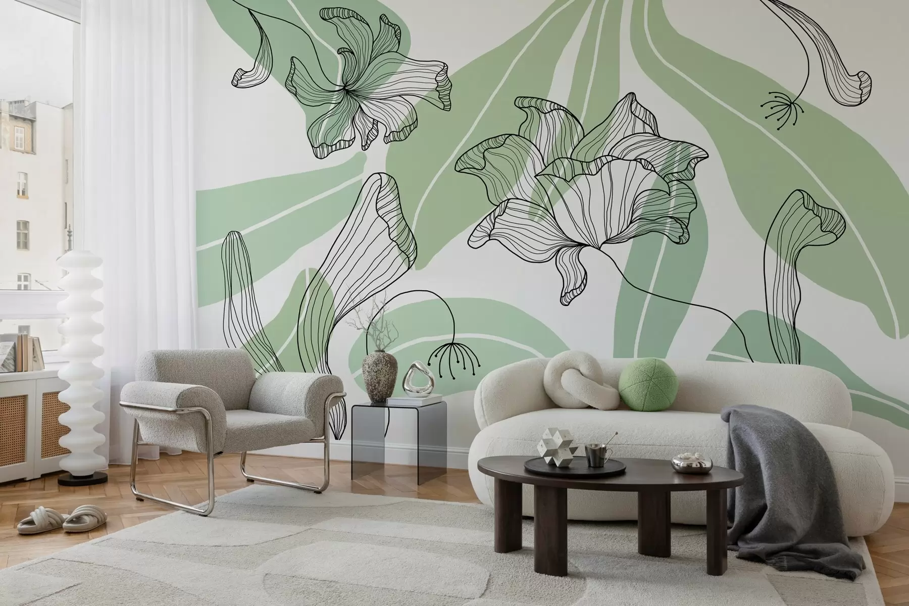 murales de pared hojas y flores abstractas en tonos verdes w04499v1
