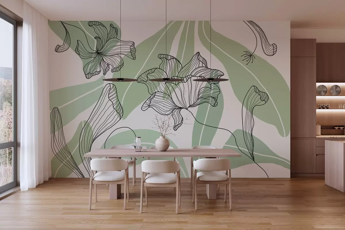 murales de pared hojas y flores abstractas en tonos verdes w04499v1