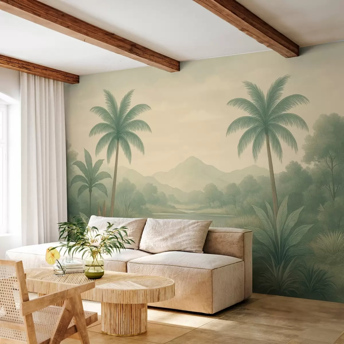 murales de pared paisaje tropical con palmeras y un río w04623