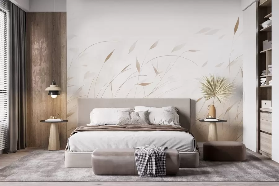 murales de pared Hierba al viento en estilo acuarela en tonos beige w09331v1