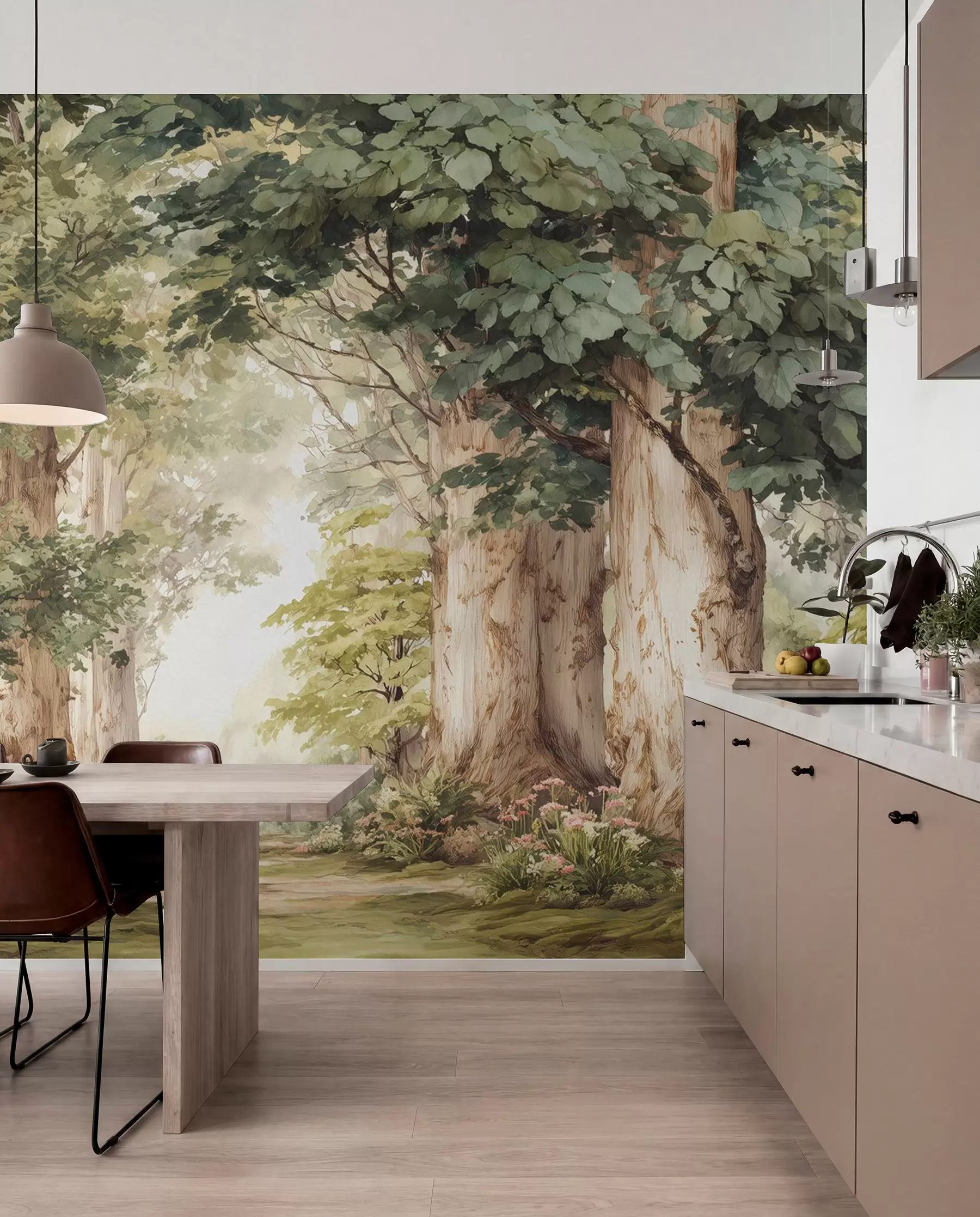 murales de pared Sendero forestal entre majestuosos árboles en estilo acuarela w09404