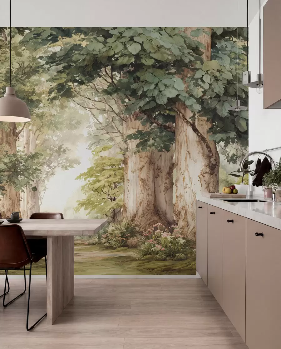 murales de pared Sendero forestal entre majestuosos árboles en estilo acuarela w09404