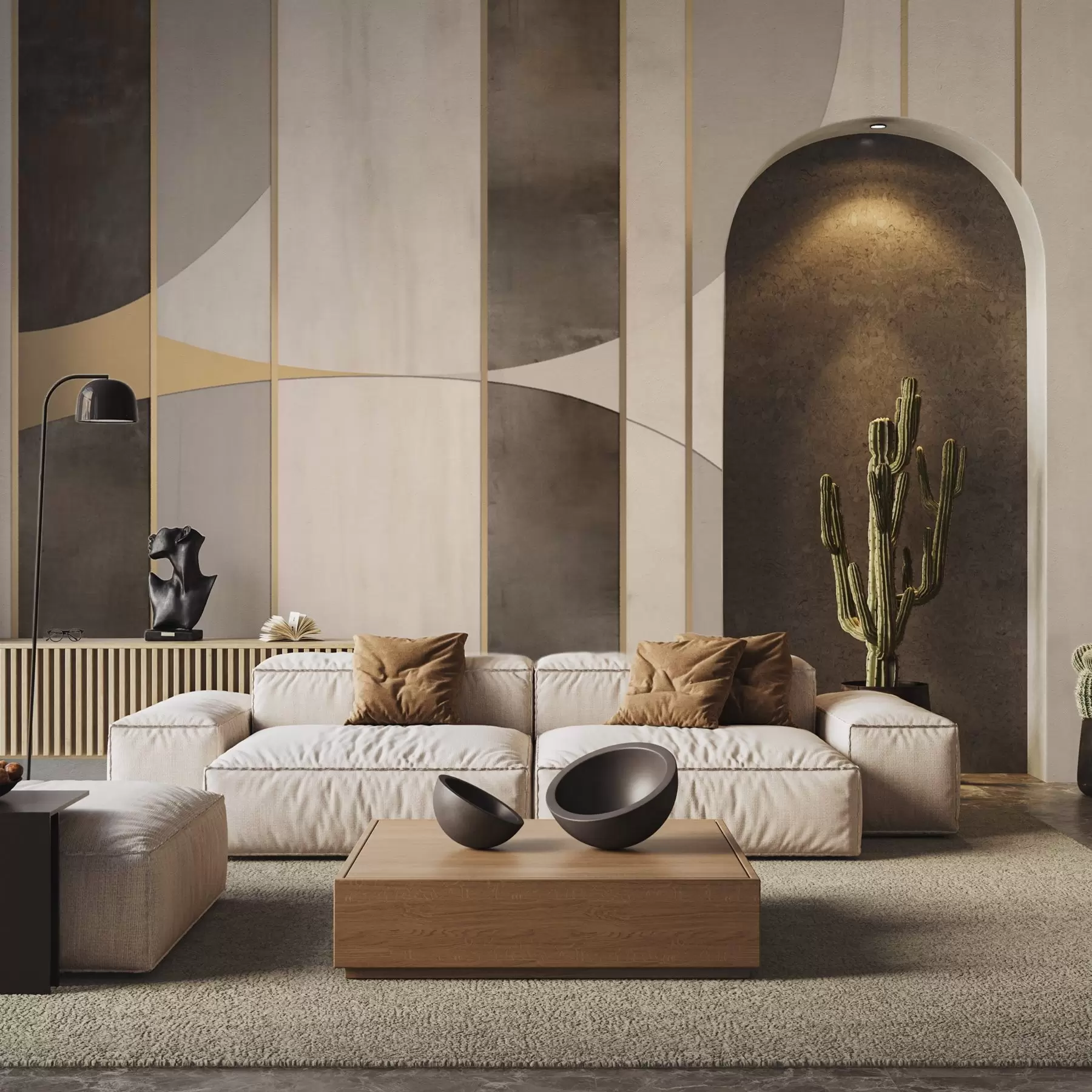 murales de pared Paneles geométricos con arcos y detalles en color champán w04616