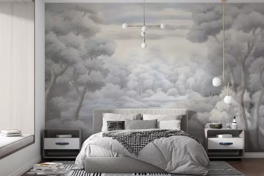 murales de pared Bosque brumoso y lago en suaves tonos grises w04617