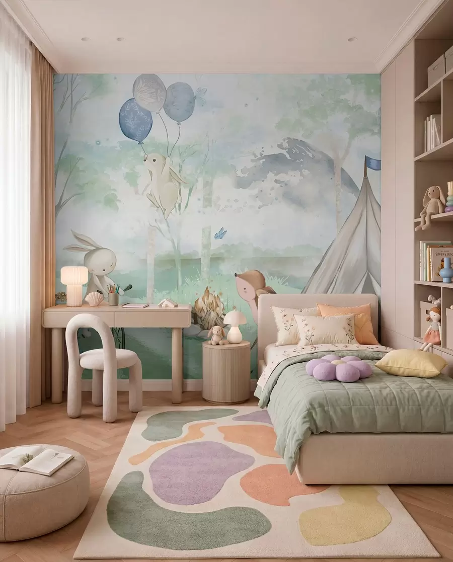 murales de pared Campamento infantil en el bosque: conejitos, cervatillos, tienda de campaña y hoguera w04671v1