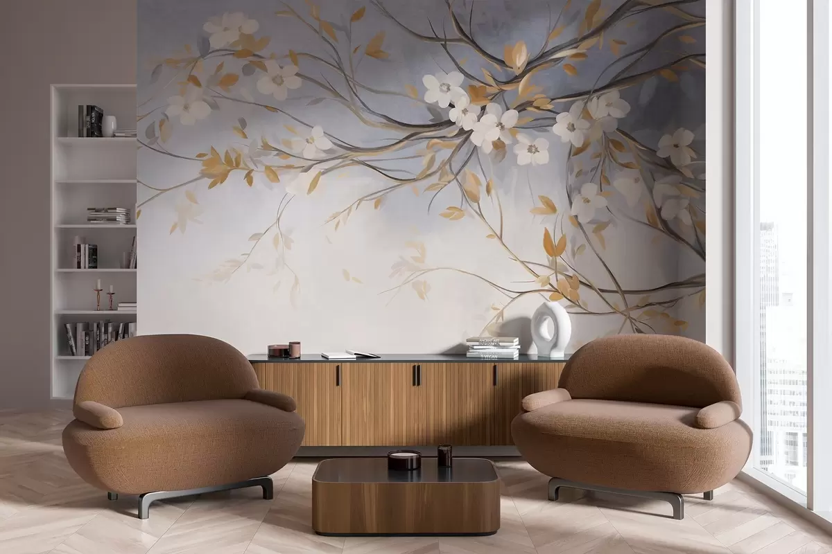 murales de pared Flores blancas con hojas naranjas en una rama de árbol, fondo azul claro con textura, delicadas pinceladas w09415