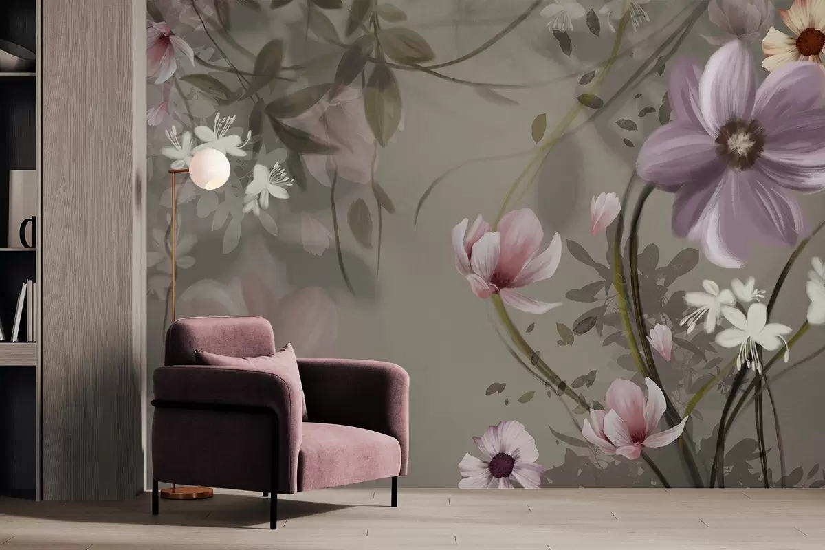 murales de pared Flores rosas y blancas con tallos y hojas marrones, iluminación suave, colores apagados, arreglo floral w09417