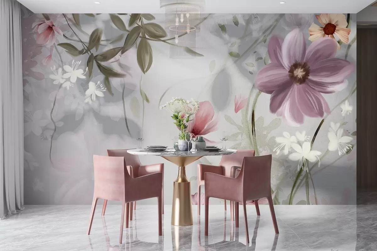 murales de pared Flores rosas y blancas con tallos y hojas verdes, iluminación suave, colores apagados, arreglo floral w09417v1
