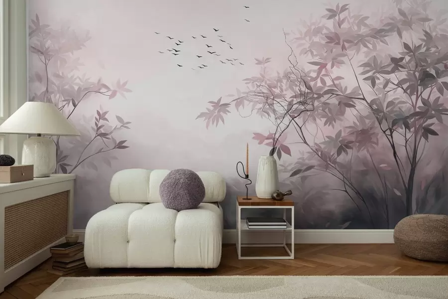 murales de pared Paisaje texturizado con árboles y una bandada de pájaros volando en el cielo, colores pastel, escena natural w09418v1