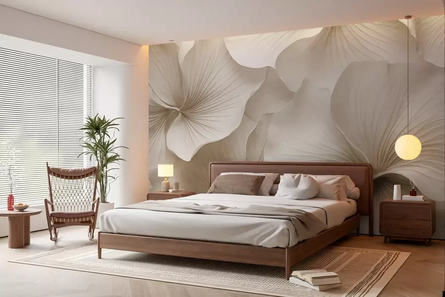 murales de pared Hojas de ginkgo blancas y beige, textura suave, fondo floral abstracto, estilo minimalista moderno w09421v1