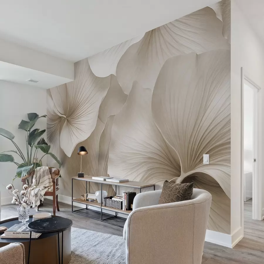 murales de pared Hojas de ginkgo blancas y beige, textura suave, fondo floral abstracto, estilo minimalista moderno w09421v1