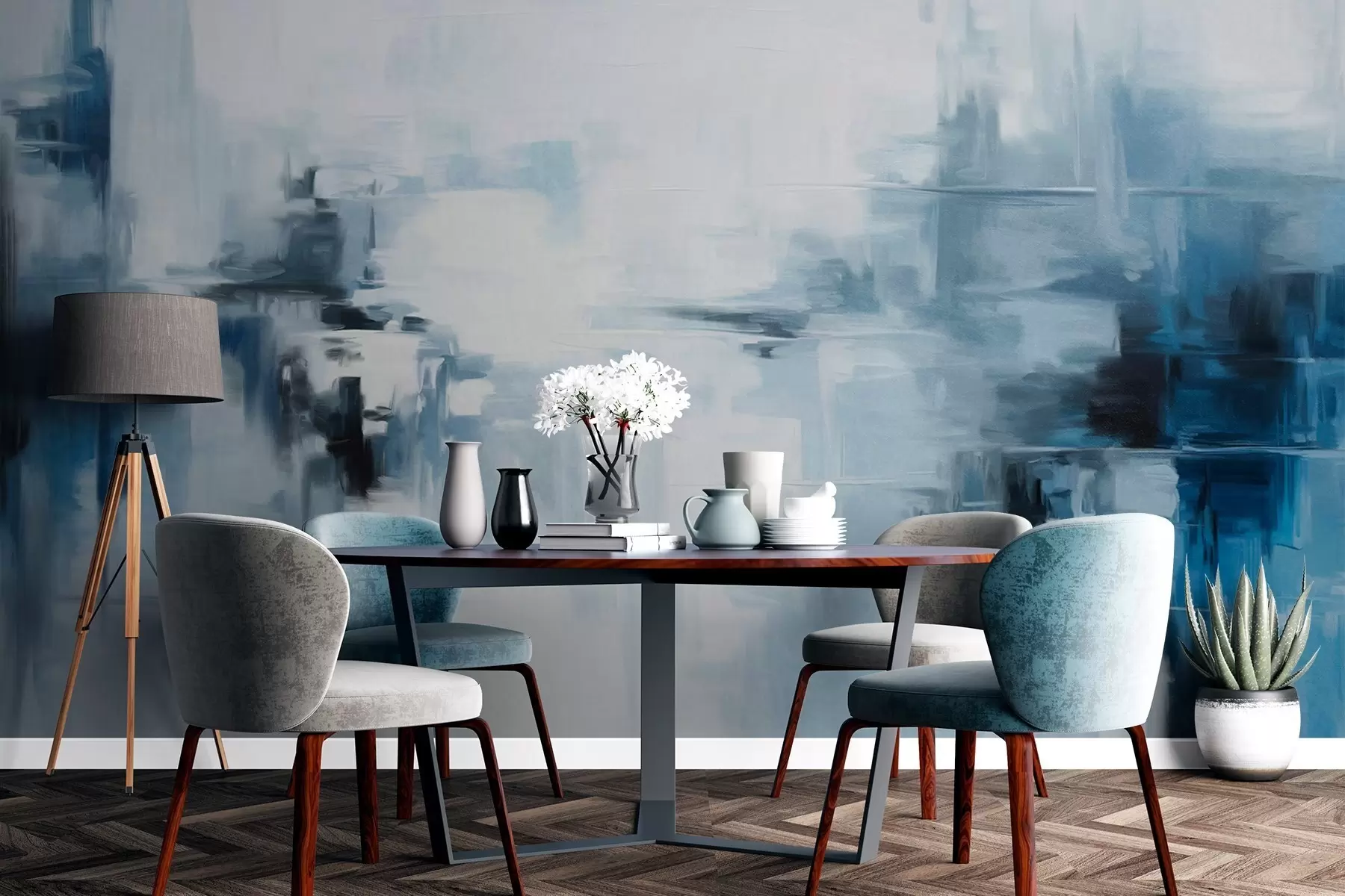 murales de pared Imitación de pintura abstracta de paisaje con textura y pinceladas azules y blancas, estilo moderno w09422