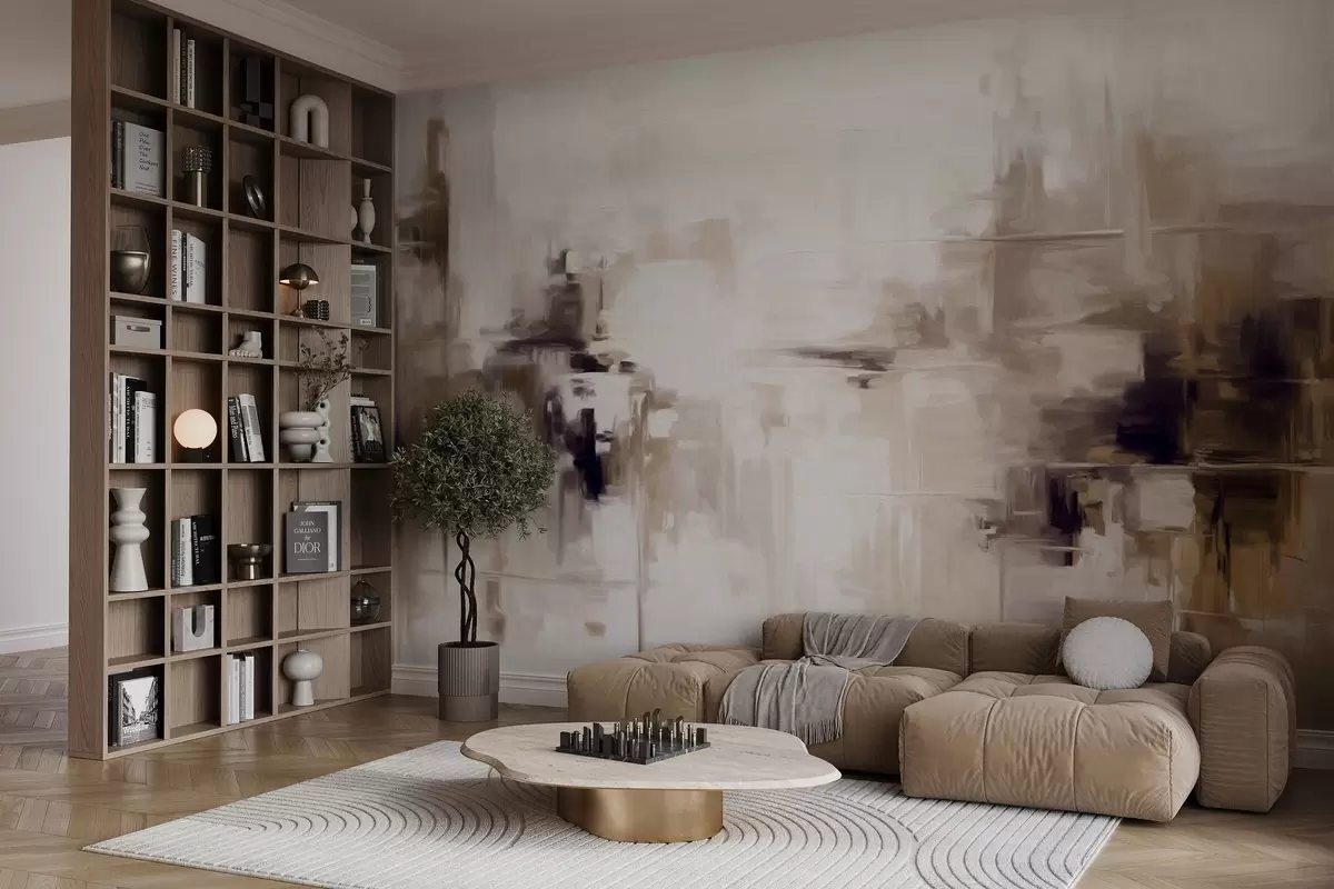 murales de pared Imitación de pintura abstracta de paisaje con textura, con pinceladas marrones y blancas, estilo moderno w09422v1