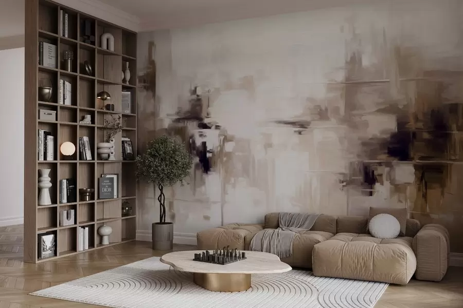 murales de pared Imitación de pintura abstracta de paisaje con textura, con pinceladas marrones y blancas, estilo moderno w09422v1