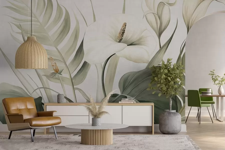 murales de pared Calas blancas y hojas tropicales verdes, ilustración botánica, fondo claro, estilo vintage, texturizado w09423