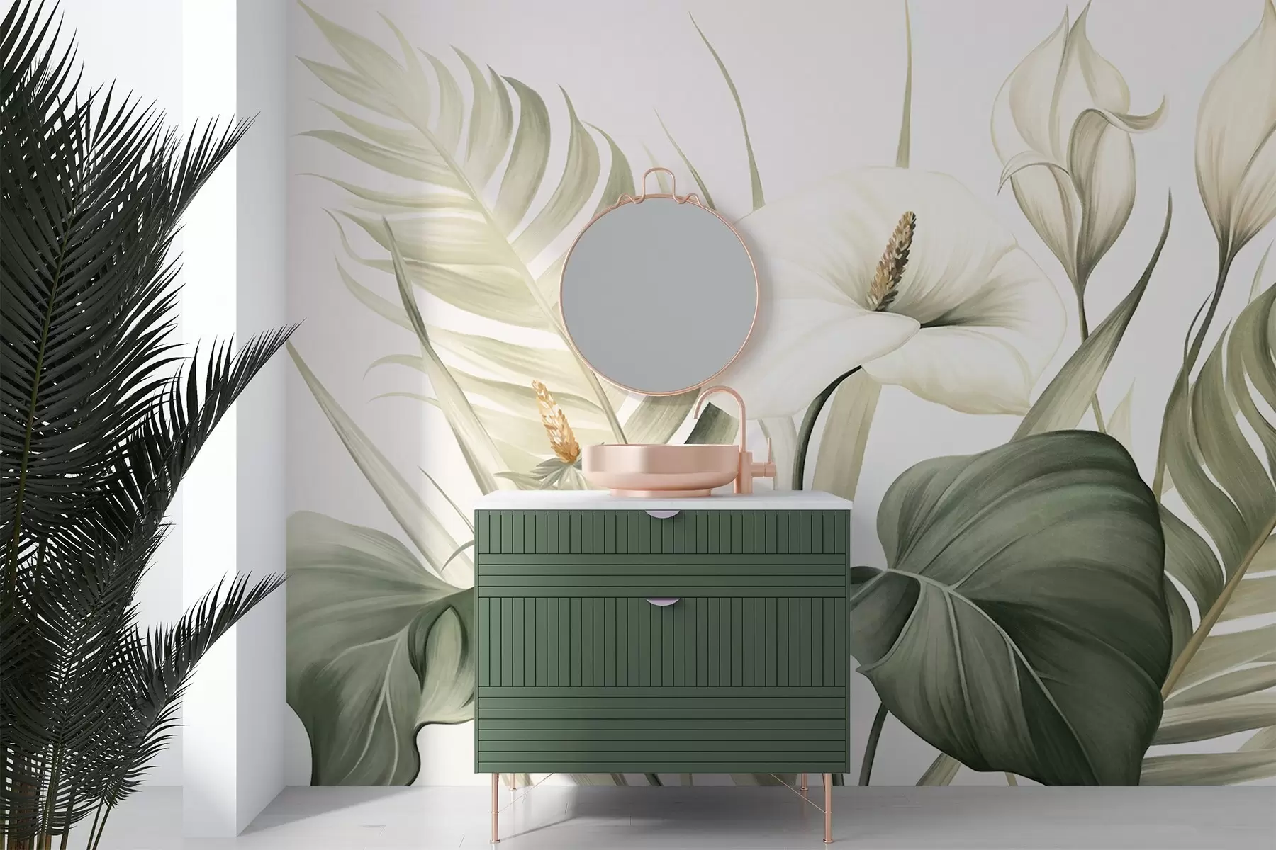 murales de pared Calas blancas y hojas tropicales verdes, ilustración botánica, fondo claro, estilo vintage, texturizado w09423