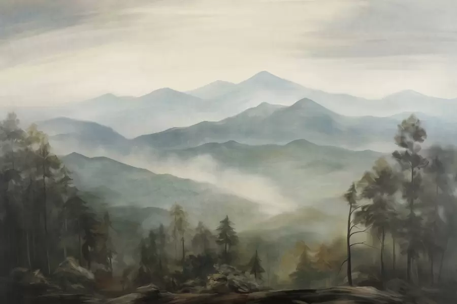murales de pared Cordillera brumosa con árboles, niebla, cielo nublado, colores apagados, estilo de pintura paisajística w09424