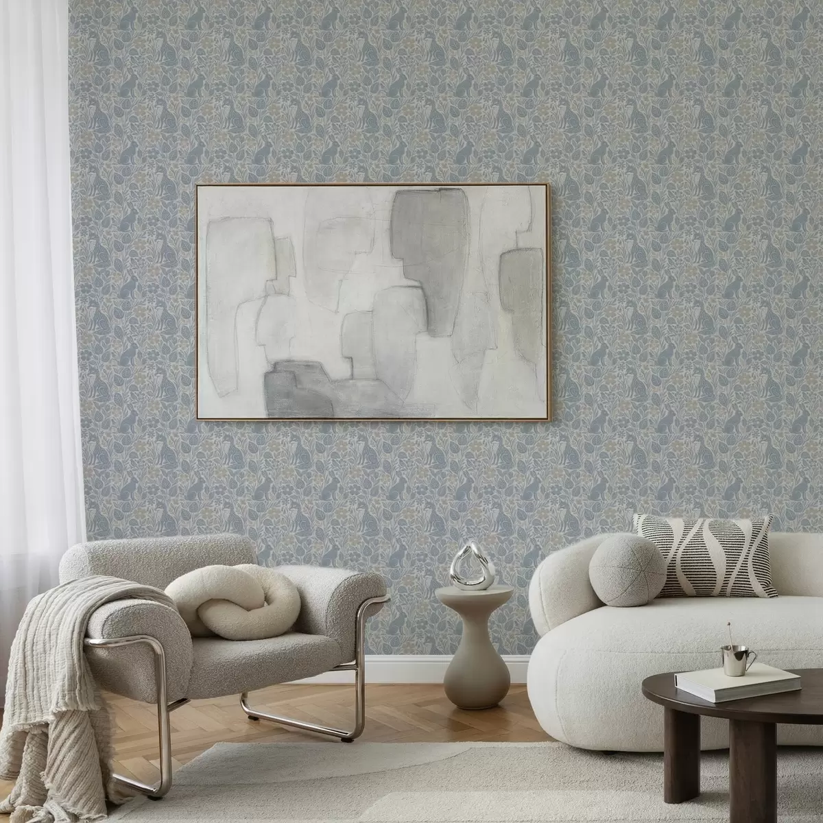 Papel pintado Animales y flores del bosque: zorro y liebre en tonos azules a00613 Papel pintado Animales y flores del bosque: zorro y liebre en tonos azules a00613