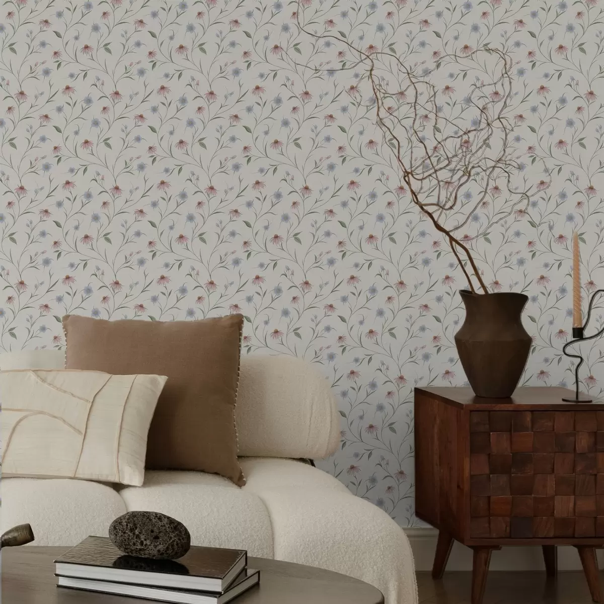 Papel pintado Margaritas silvestres y equinácea sobre fondo crema, luminosidad a00614 Papel pintado Margaritas silvestres y equinácea sobre fondo crema, luminosidad a00614